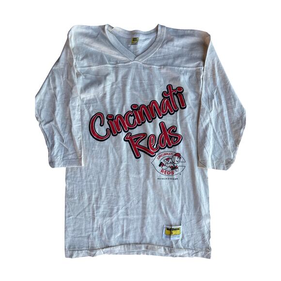 Vintage ‘88 MLB Cincinnati Reds Velva Sheen USA Made Single Stitched S Beige 3/4 - Picture 1 of 8